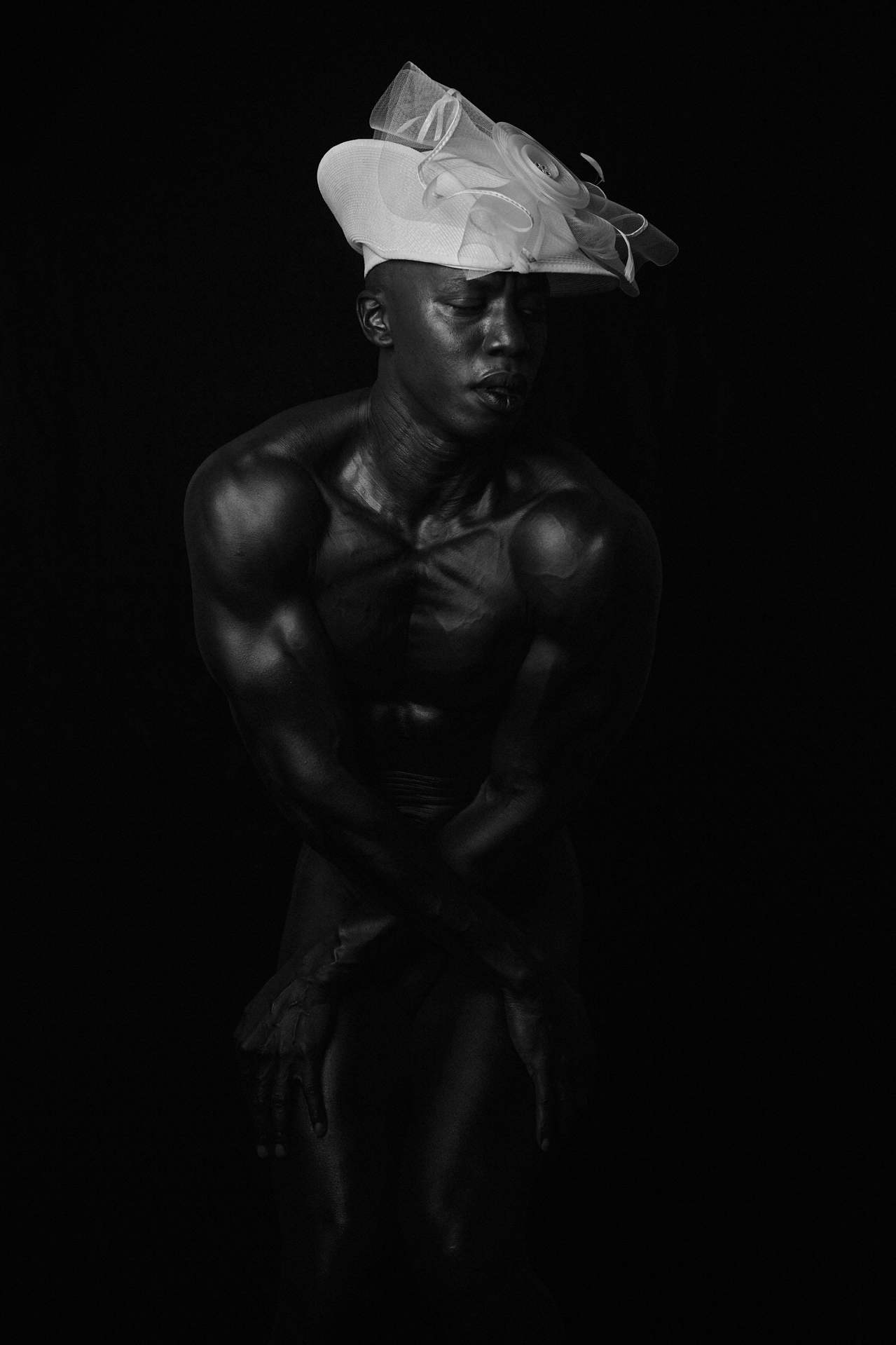 a person in a white hat